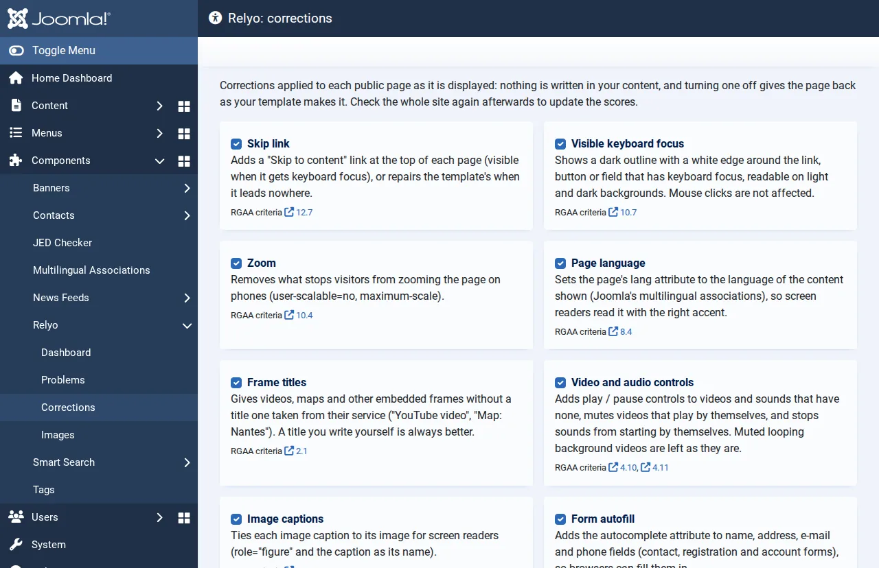 L'écran des corrections de Relyo dans Joomla : une carte par correction, chacune avec une case à cocher, ce qu'elle fait et ses critères RGAA.