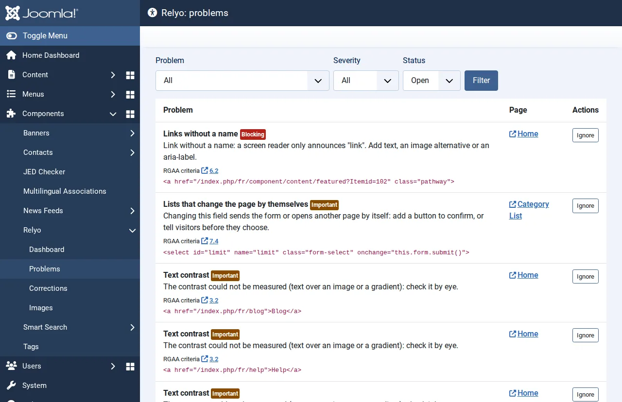 La liste des problèmes d'accessibilité dans Joomla : chacun avec son explication, son critère RGAA, le HTML en cause et sa page.
