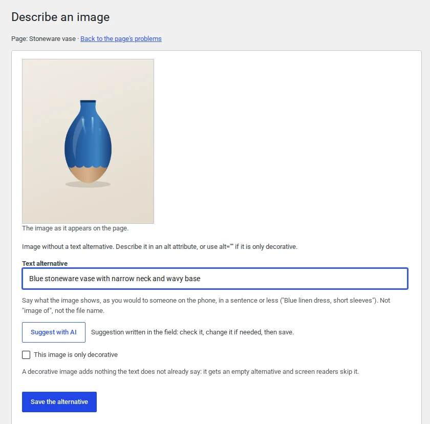Relyo's fix screen: for a photo of a blue vase, the AI suggests “Blue stoneware vase with narrow neck and wavy base”.