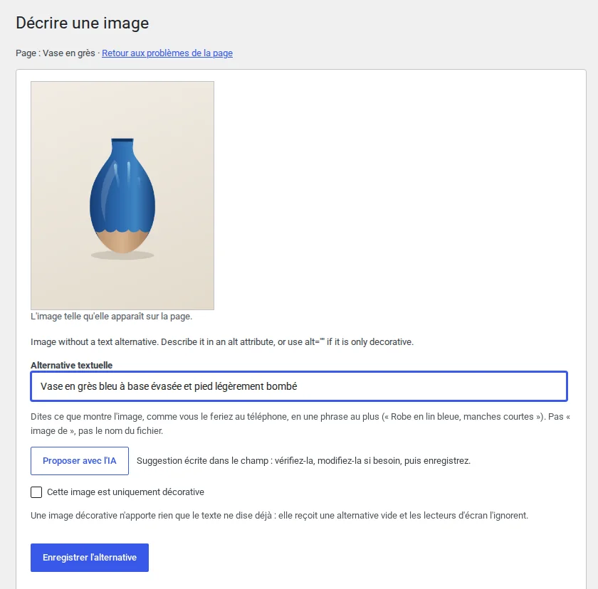 L'écran de correction de Relyo : pour la photo d'un vase, l'IA propose « Vase en grès bleu à base évasée et pied légèrement bombé ».