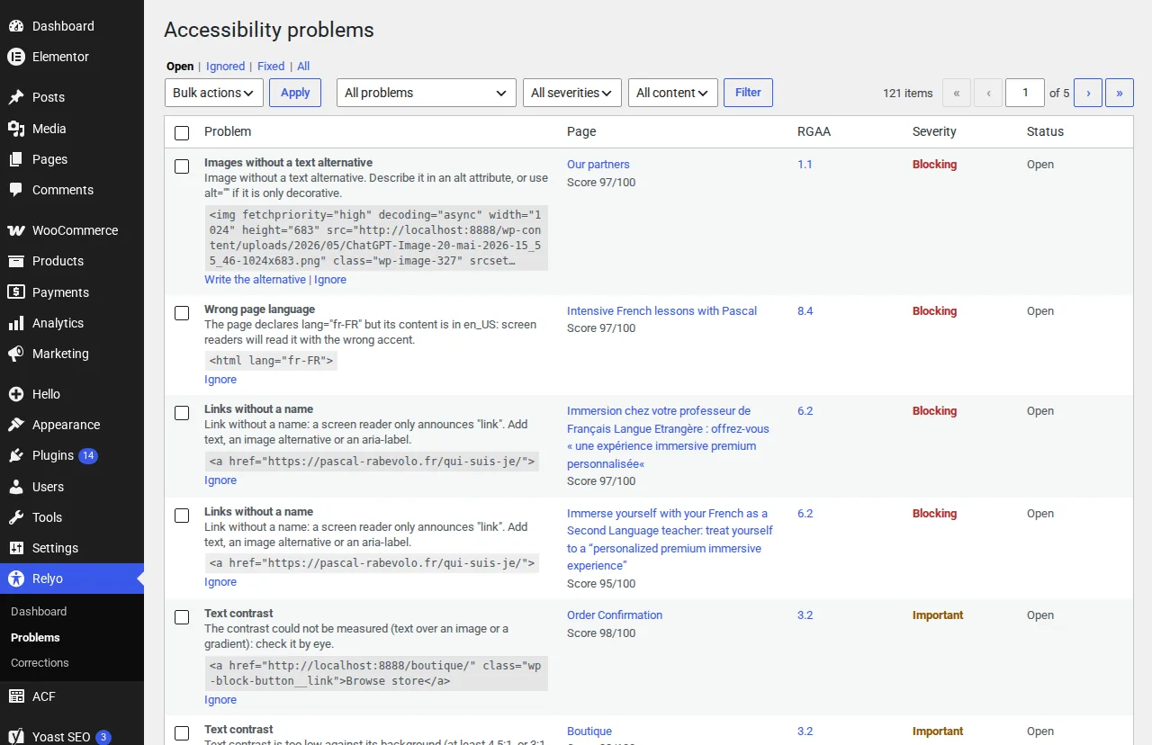 La liste des problèmes d'accessibilité : chacun avec son explication, le HTML en cause, la page, son critère RGAA et sa gravité.
